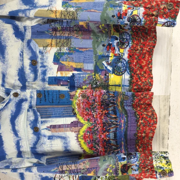 TAKE TWO Colorful Cityscape Denim Jacket WOMENS SIZE LARGE W/POCKETS 100% COTTON - Picture 6 of 16